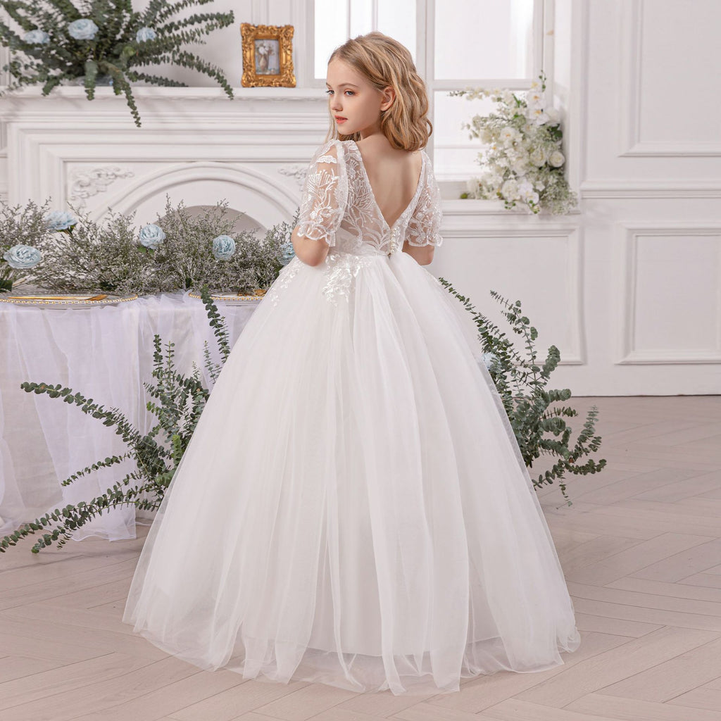 Girls' Princess Dress D34022 - White Lace Formal Gown