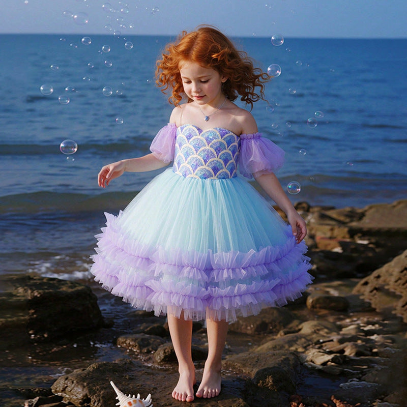 Girls Mermaid Princess Dress 25622 - Sequin Off-Shoulder Ball Gown