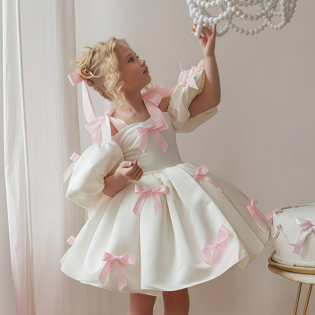 Girls' Princess Dress 256136 - White & Pink Bow Formal Gown