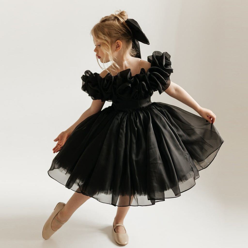 Girls' Princess Dress 256162 - Black Off-Shoulder Puff Sleeve Formal Gown