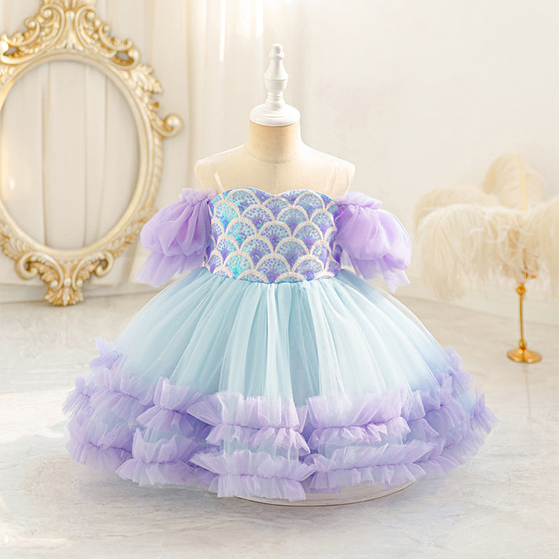 Girls Mermaid Princess Dress 25622 - Sequin Off-Shoulder Ball Gown