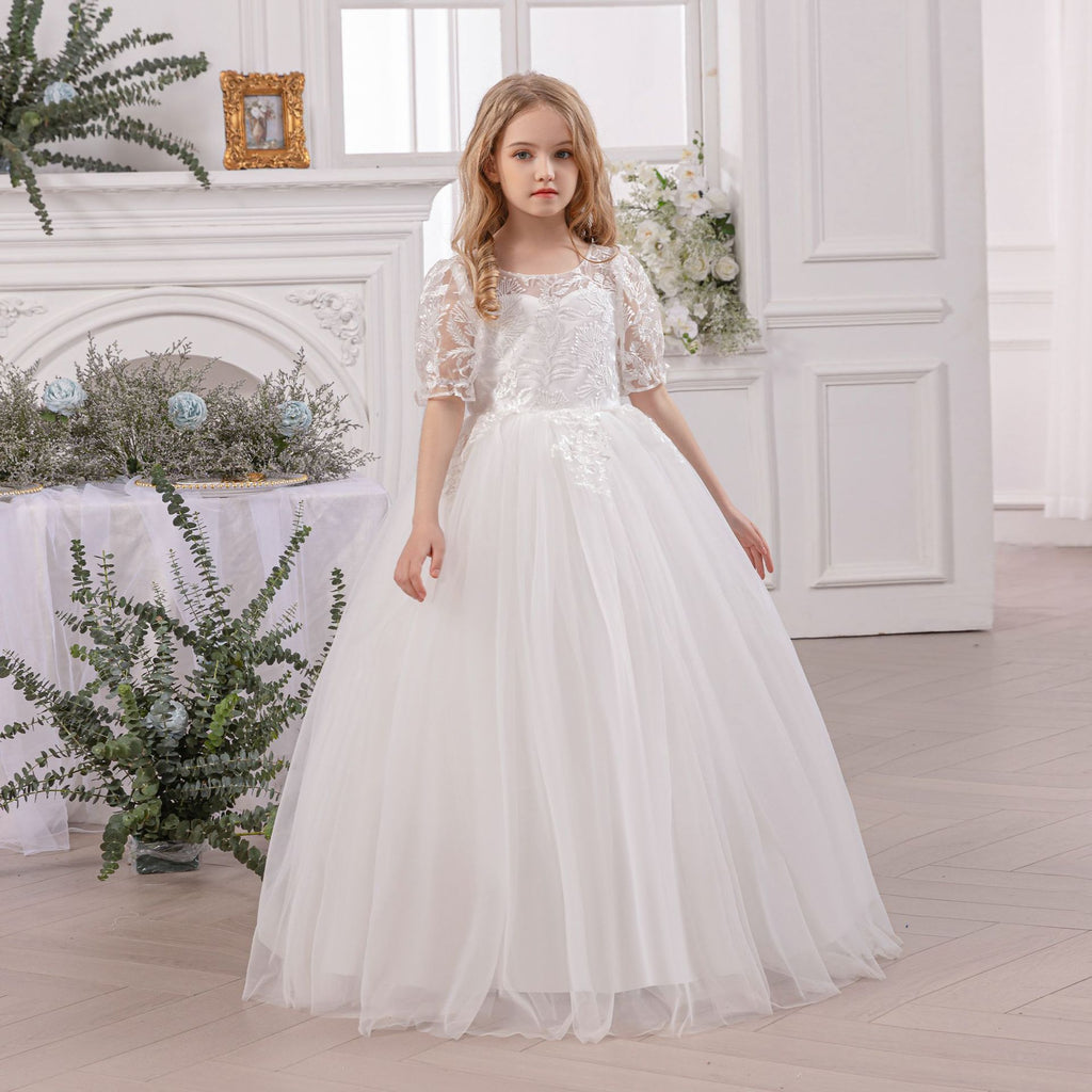 Girls' Princess Dress D34022 - White Lace Formal Gown