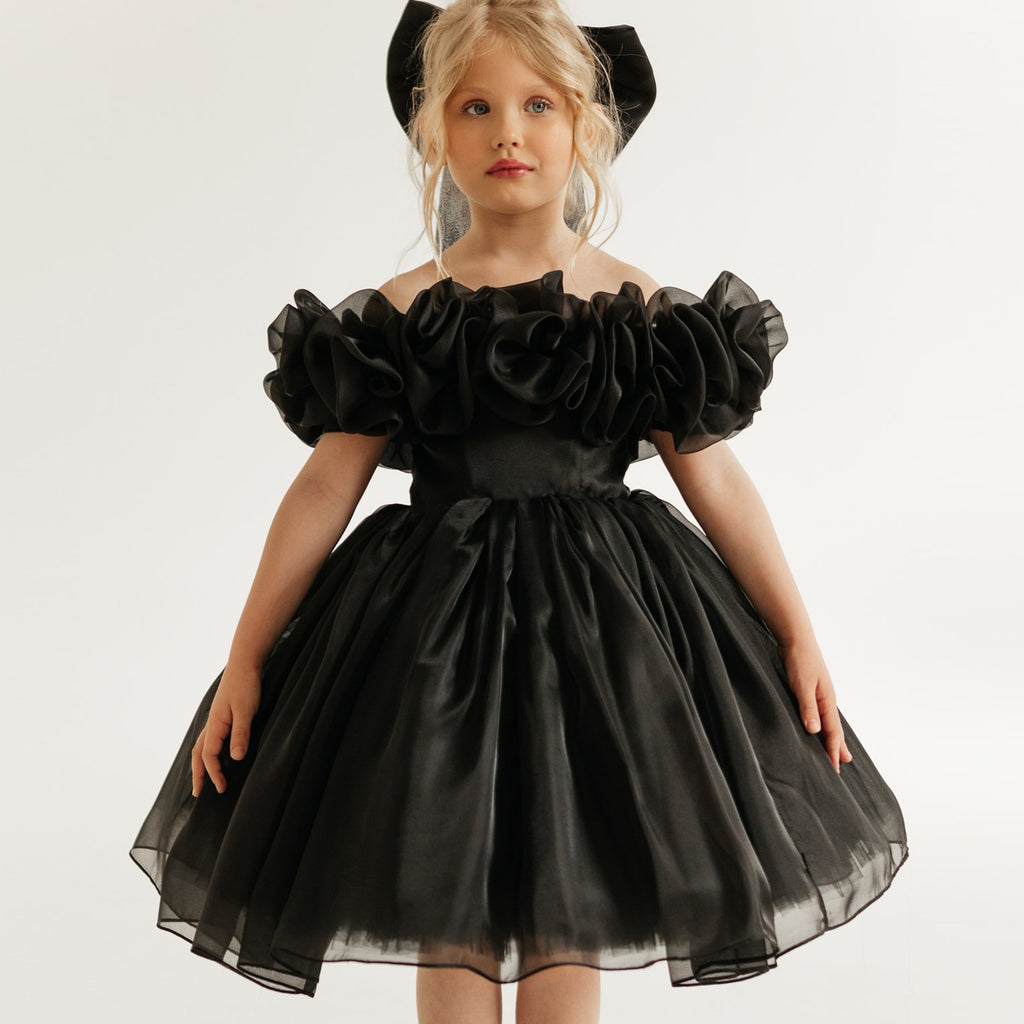 Girls' Princess Dress 256162 - Black Off-Shoulder Puff Sleeve Formal Gown