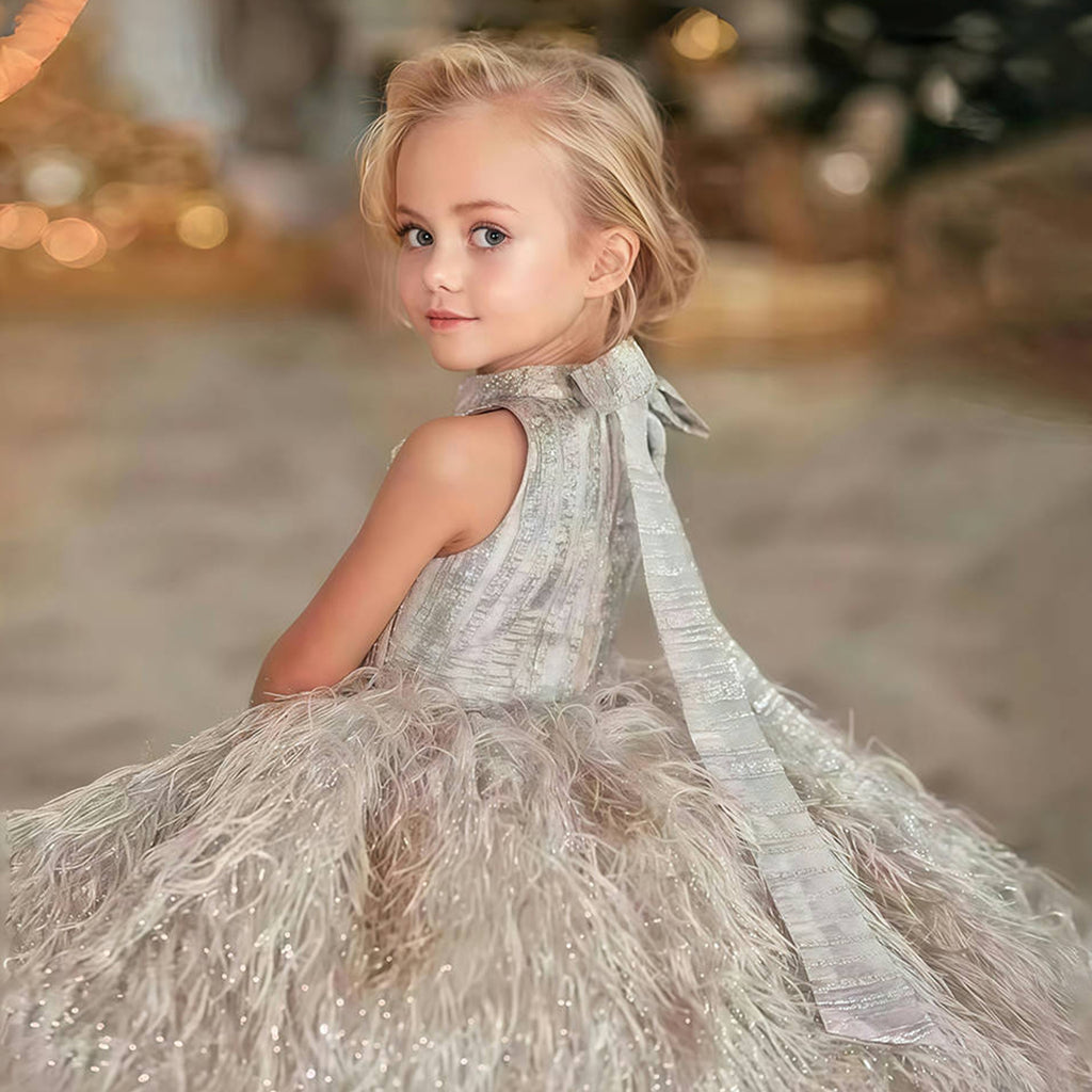 Girls' Princess Dress 256280 - Champagne Feather Embellished Formal Gown