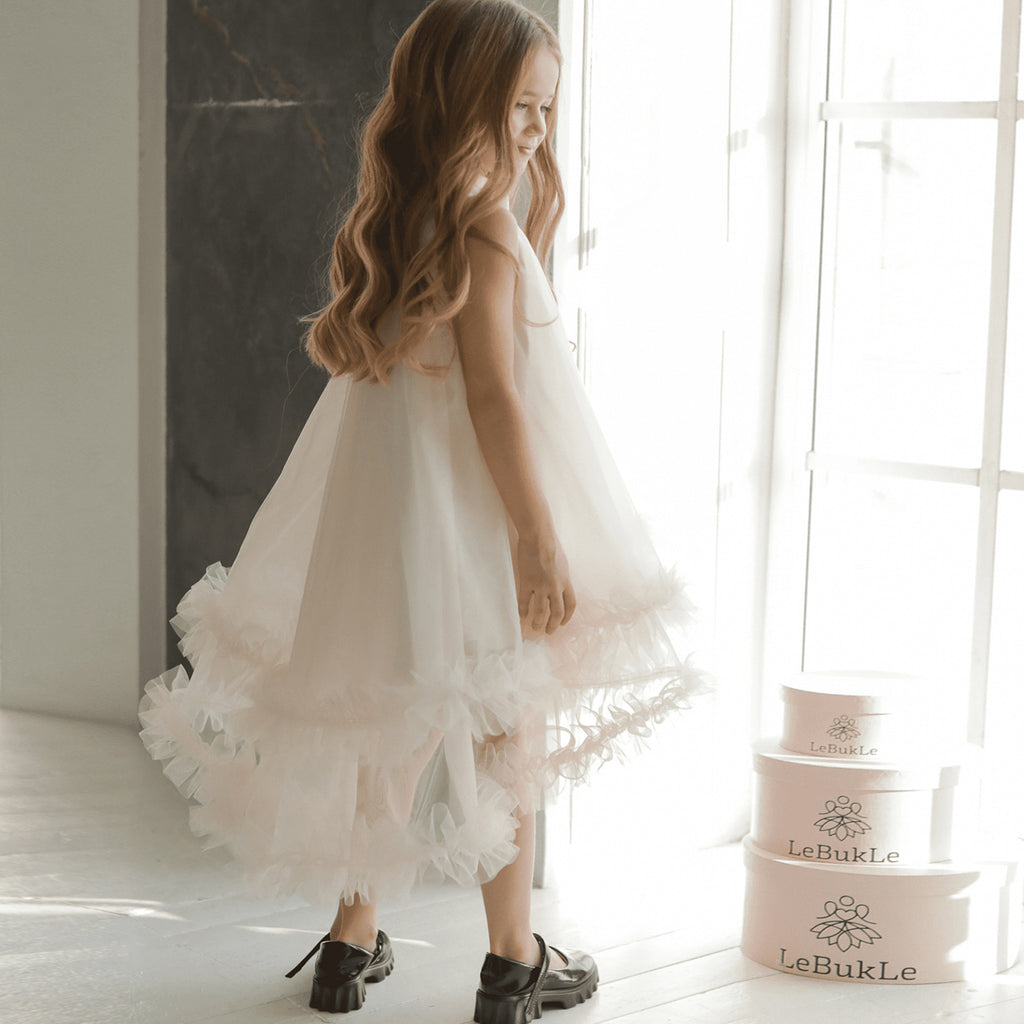 Girls' Princess Dress 25669 - White 3D Floral Petal Formal Gown