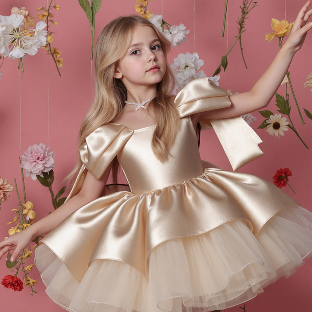 Girls' Princess Dress 256167 - Wine Red & Gold Bow Formal Gown