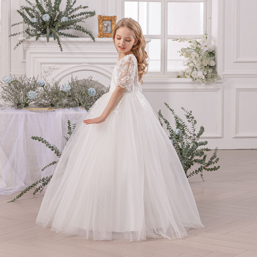 Girls' Princess Dress D34022 - White Lace Formal Gown