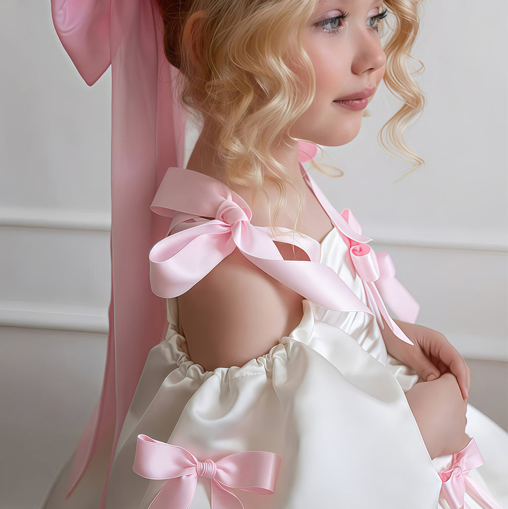 Girls' Princess Dress 256136 - White & Pink Bow Formal Gown