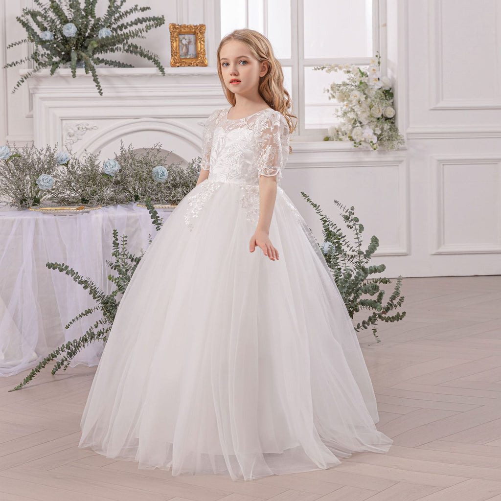 Girls' Princess Dress D34022 - White Lace Formal Gown