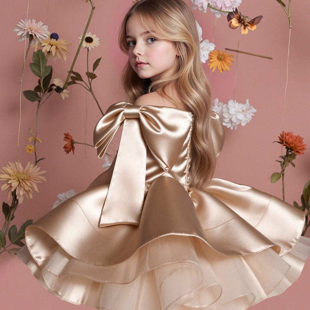 Girls' Princess Dress 256167 - Wine Red & Gold Bow Formal Gown
