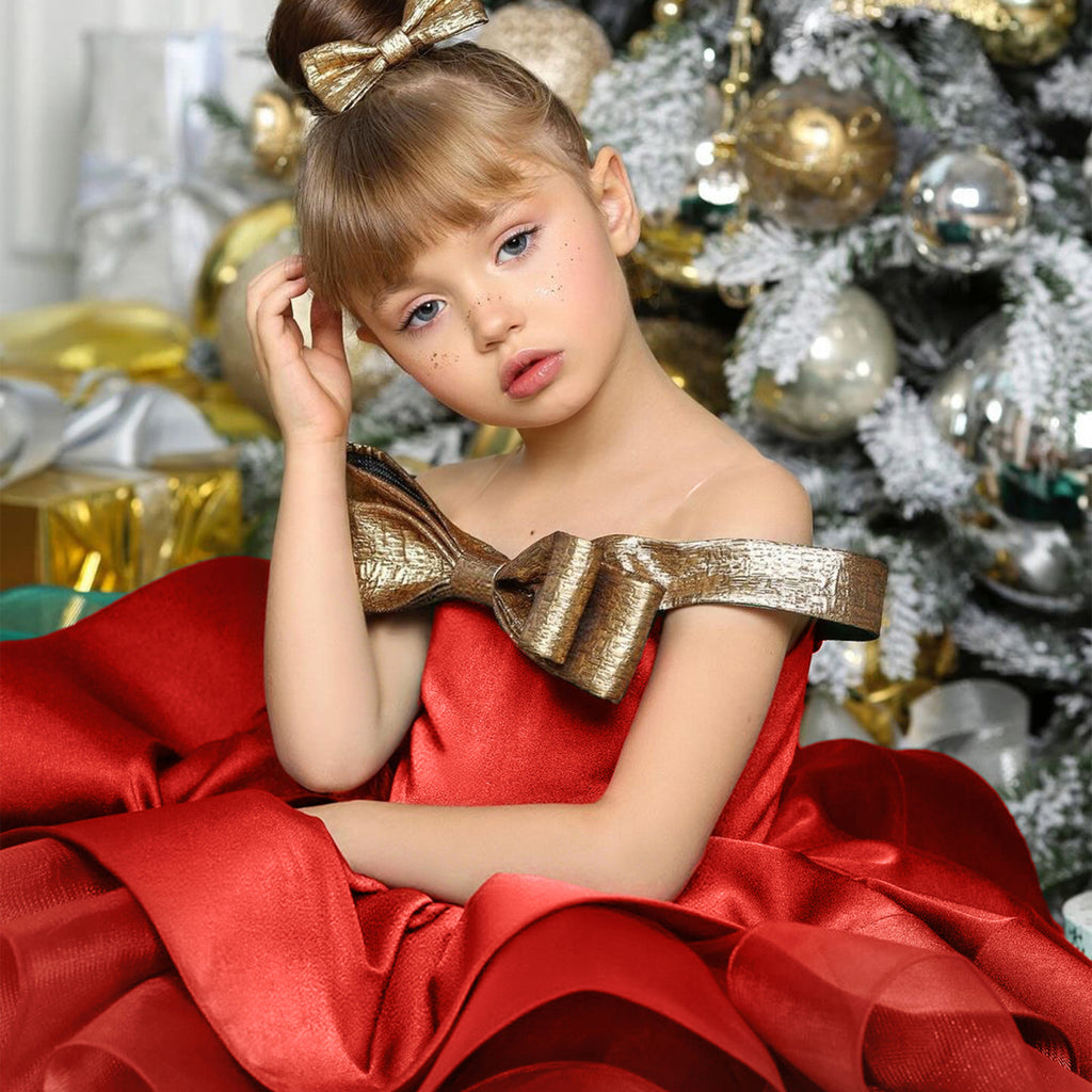 Girls' Princess Dress 256164 - Emerald Green & Gold Bow Formal Gown