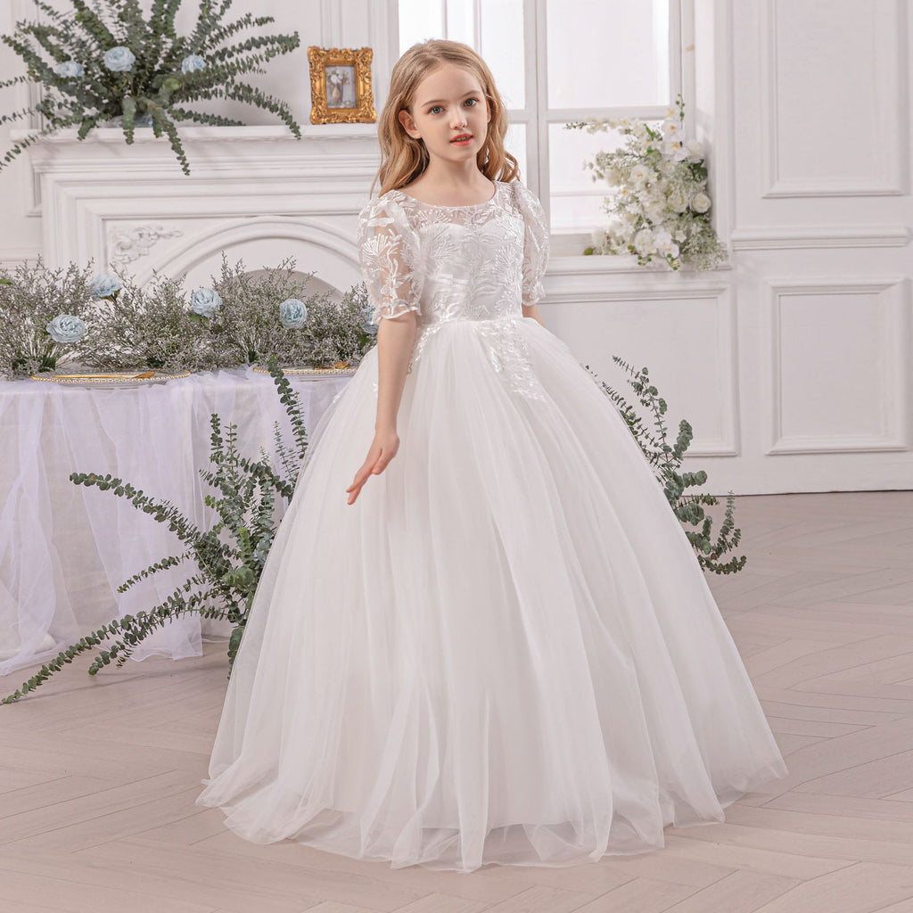 Girls' Princess Dress D34022 - White Lace Formal Gown