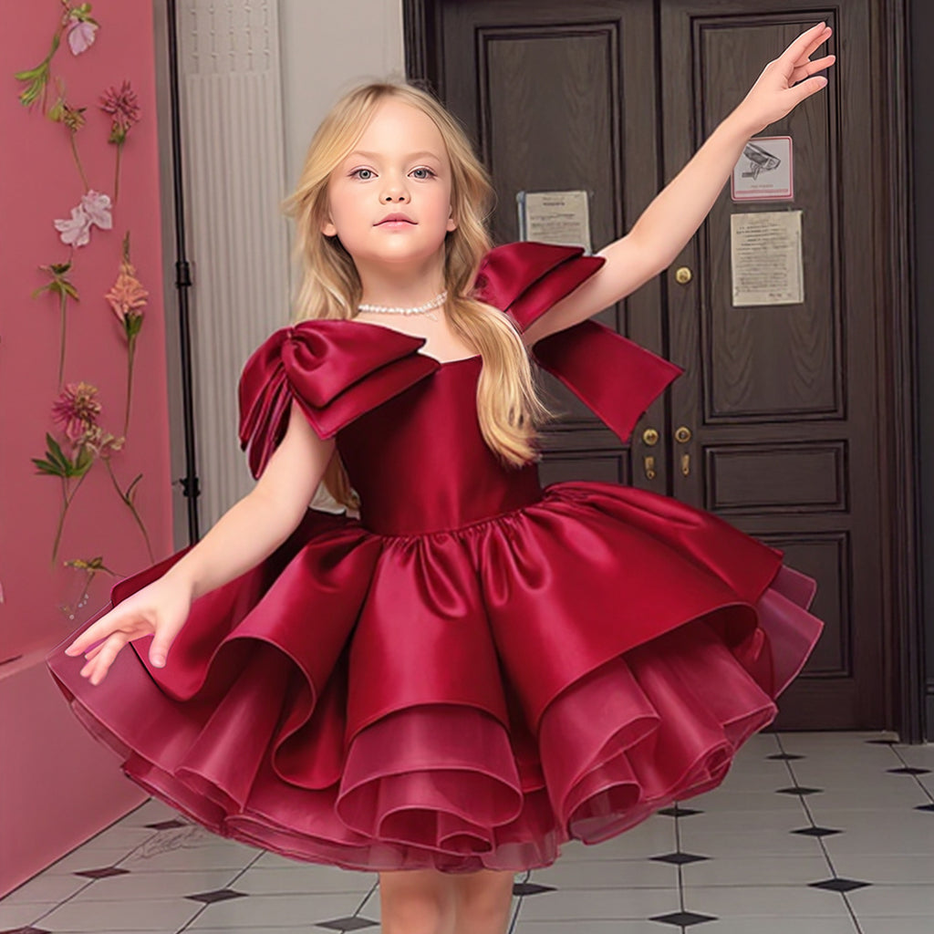 Girls' Princess Dress 256167 - Wine Red & Gold Bow Formal Gown