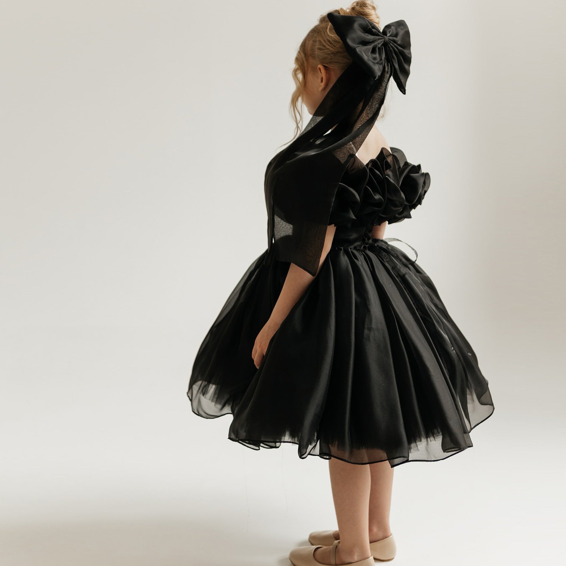 Girls' Princess Dress 256162 - Black Off-Shoulder Puff Sleeve Formal Gown