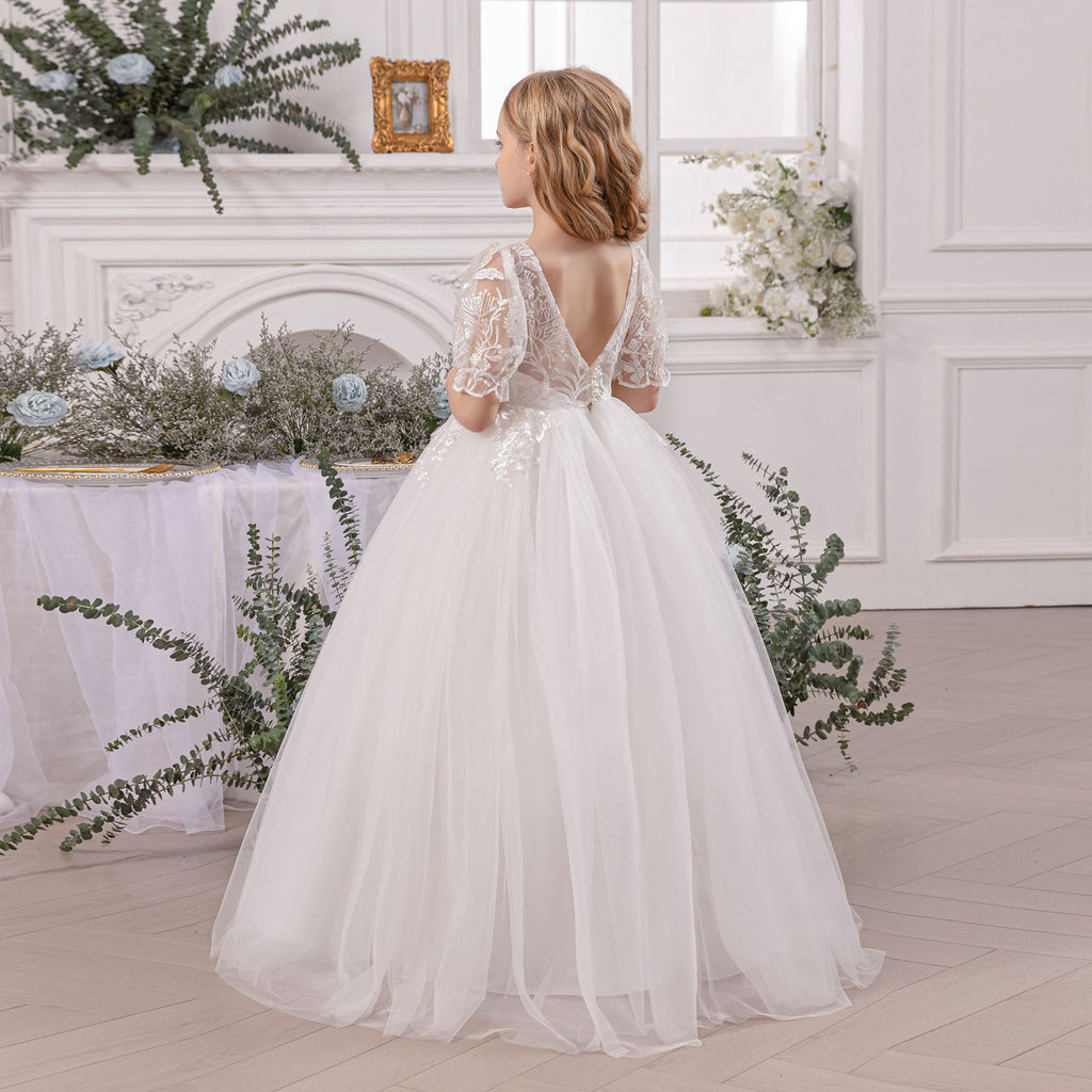 Girls' Princess Dress D34022 - White Lace Formal Gown