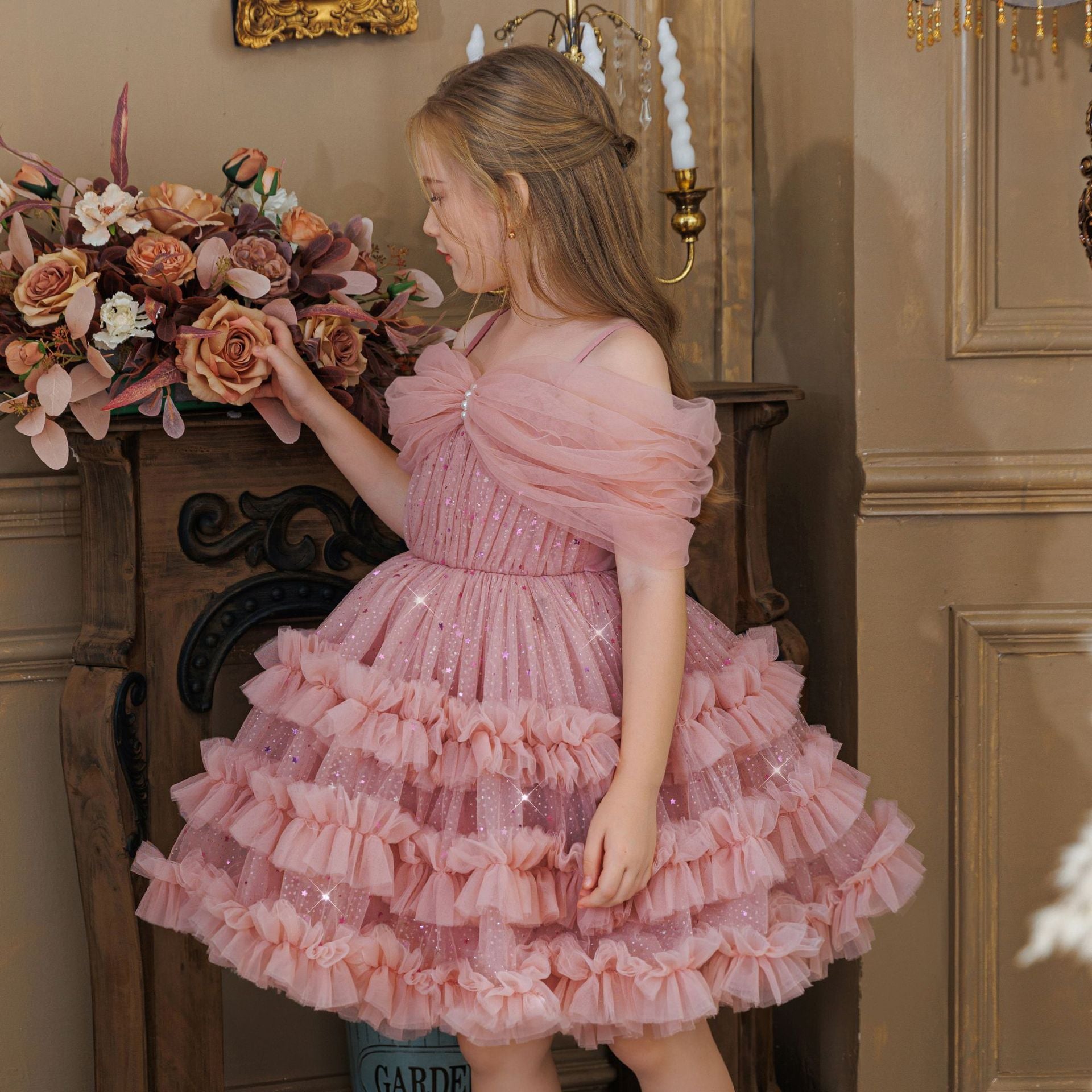 Girls' Princess Dress X256239 - Pink Fluffy Tulle Formal Gown