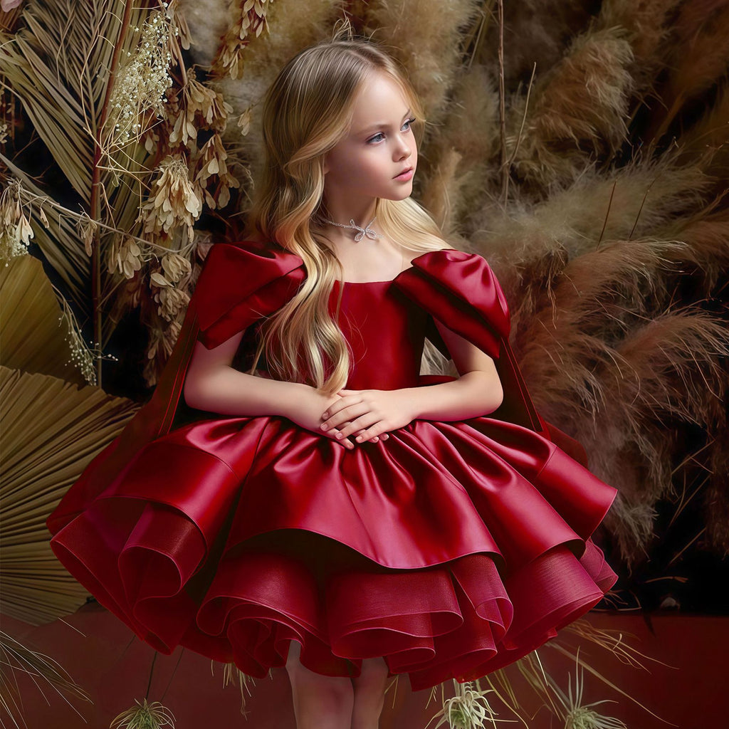 Girls' Princess Dress 256167 - Wine Red & Gold Bow Formal Gown