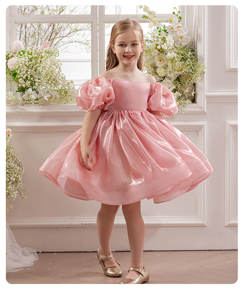 Girls' Princess Dress 256100 - Pink Off-Shoulder Puff Sleeve Formal Gown